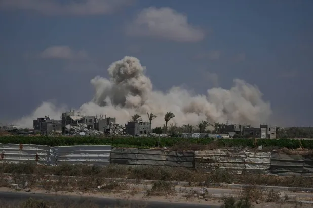 The Israeli army demolishes buildings east of Deir al-Balah, central Gaza Strip, Saturday, Aug. 22, 2026. (AP)