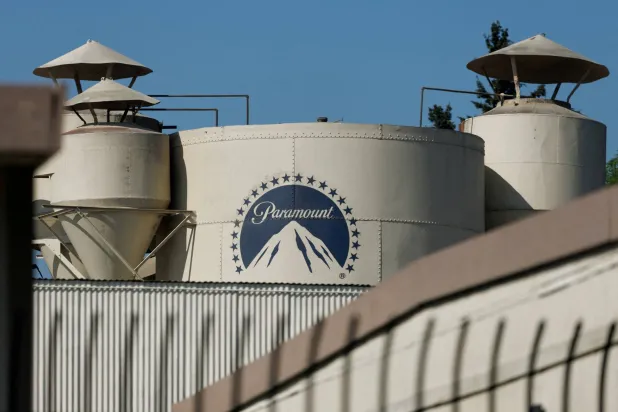 FILE PHOTO: The Paramount logo is shown on a structure at the Paramount studio lot in Hollywood, Los Angeles, California, US, February 26, 2026. REUTERS/Mike Blake/File Photo