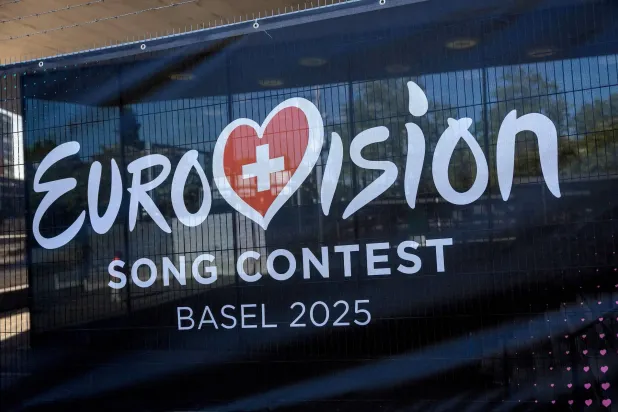 A logo of the Eurovision Song Contest is seen in front of the St. Jakobshalle in Basel, Switzerland, May 1, 2025. (Reuters)