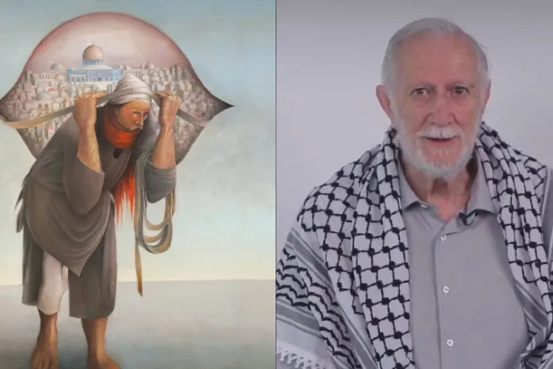 الفنان الفلسطيني سليمان منصور وأكثر لوحاته انتشاراً «جمل المحامل» (إنستغرام الفنان)