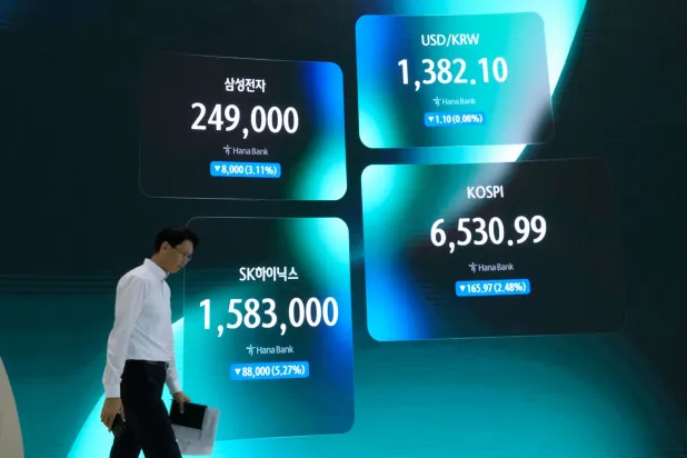  شاشة تعرض مؤشر «كوسبي»، وسعر صرف العملات بين الدولار والوون الكوري الجنوبي، وسعر أسهم شركتي «إس كيه هاينكس» و«سامسونغ» في سيول