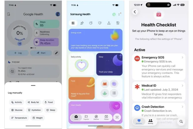 From left, the Google Health, the Samsung Health and Apple’s Health apps offer plenty of tools and features to help you manage your diet, exercise and personal safety. (Google; Samsung; Apple)