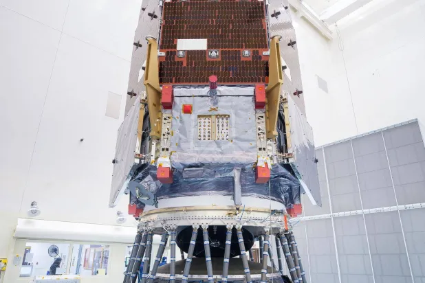 NASA's Nancy Grace Roman Space Telescope stands after engineers and technicians working inside the Payload Hazardous Servicing Facility mated the observatory to its payload adapter and a strut payload attach fitting, a specialized piece of hardware designed for large, heavy loads at NASA's Kennedy Space Center in Cape, Canaveral, Florida, US August 7, 2026 NASA/Jolearra Tshiteya via REUTERS