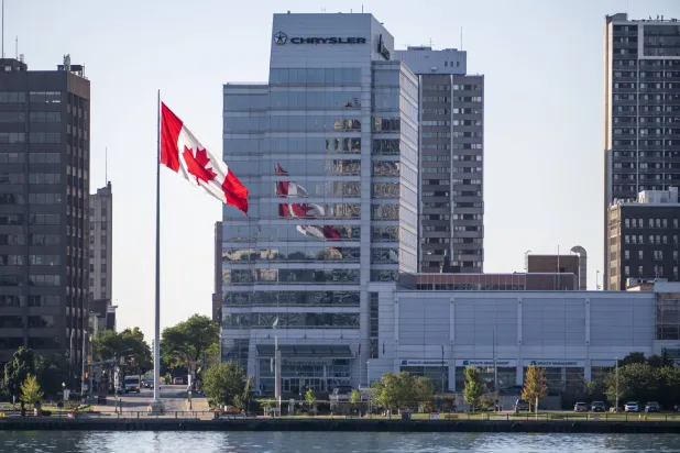 Canadian flag is pictured across the Detroit River in Windsor, Ontario, Canada, 25 August 2026. EPA/ARI SAPERSTEIN