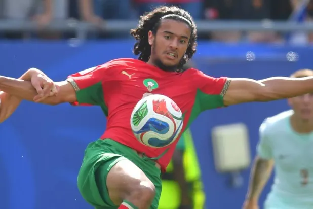 Morocco's Ayyoub Bouaddi vies for the ball during the World Cup quarterfinal soccer match between France and Morocco in Foxborough, Mass., near Boston, Thursday, July 9, 2026. (AP)