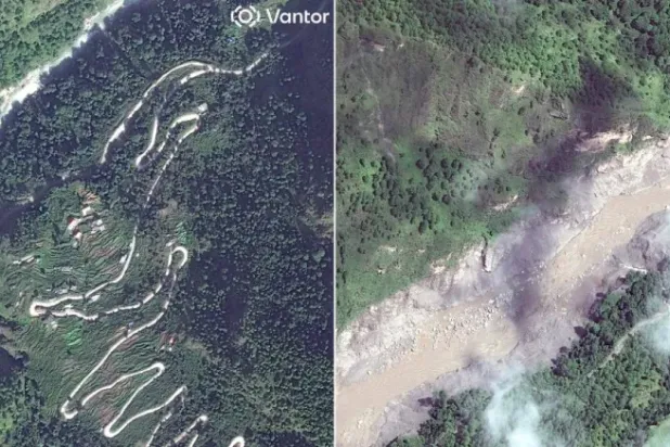 Nepal’in Bağmati eyaletine bağlı Rasuva bölgesinde, Thulo Bharku yakınlarında Trishuli Nehri boyunca uzanan Pasang Lhamu Otoyolu’nun sel öncesi görüntüsü (solda) ve sel sonrası görüntüsü (sağda) (AFP)