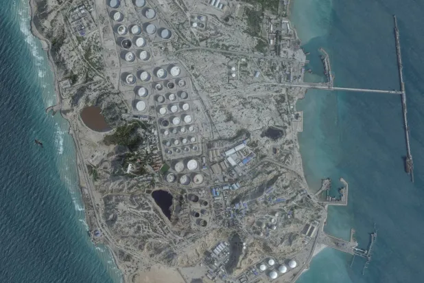 FILE PHOTO: A satellite image shows an oil terminal at Kharg Island, Iran, February 25, 2026. 2026 Planet Labs PBC/Handout via REUTERS