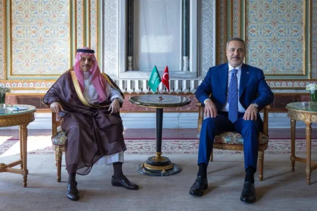 Saudi Foreign Minister Prince Faisal bin Farhan during talks with his Turkish counterpart Hakan Fidan. (SPA)