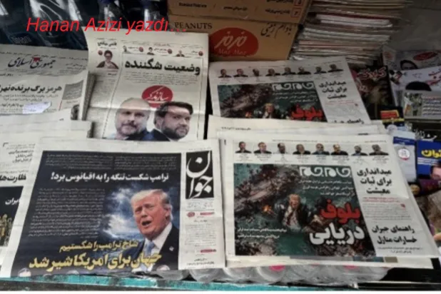 Tahran'da bir gazete bayisinde, Javan gazetesinin ön sayfası (solda) ve ABD Başkanı Donald Trump'ın Hürmüz Boğazı'nda boğulduğunu gösteren bir karikatürün yer aldığı ve “Denizcilik Aldatmacası” manşetiyle yayınlanan Jam-e Jam gazetesinin ön sayfası, 13 Nisan 2026