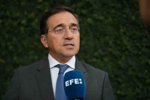 Spanish Minister of Foreign Affairs Jose Manuel Albares speaks during an interview in Cali, Colombia, 07 August 2026. (EPA)
