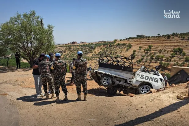 UNDOF personnel visit the site of an Israeli drone strike in Beit Jinn, Damascus countryside, August 22, 2026. (SANA) 
