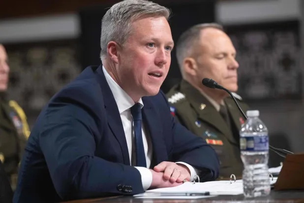 US Secretary of the Army Dan Driscoll testifies on budget requests during a Senate Committee on Armed Services hearing on Capitol Hill in Washington, DC, May 12, 2026. (AFP)