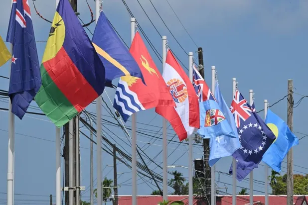 The flags of Pacific Island nations during the 55th Pacific Islands Forum Leaders Meeting in Koror, Palau, September 1, 2026. (AAP/ Mick Tsikas via Reuters)
