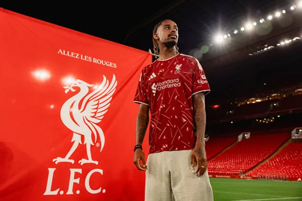 Bradley Barcola of Liverpool at Anfield on August 31, 2026 in Anfield, England. (Photo by Liverpool FC/Liverpool FC via Getty Images)