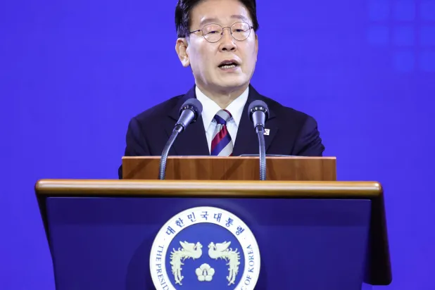 South Korean President Lee Jae Myung speaks during the opening ceremony of the presidential Peaceful Unification Advisory Council's 22nd North and South America Regional Assembly in Incheon, west of Seoul, South Korea, 02 September 2026. (EPA/Yonhap)