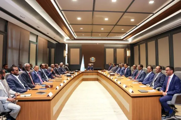 Somali Cumhurbaşkanı’nın, siyasi krizle ilgili istişarelere katılmak üzere Müstakbel Konseyi üyeleri ve yetkilileriyle gerçekleştirdiği önceki bir toplantıdan bir kare (Somali Haber Ajansı)