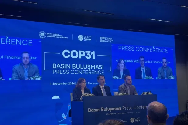 Murat Kurum, Turkish Minister of Environment, Urbanization and Climate Change and President of COP 31, during the press conference in Istanbul. (Asharq Al-Awsat)