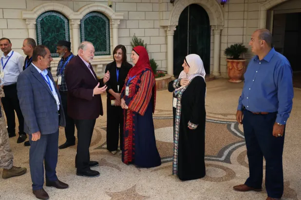 US Ambassador to Israel, Mike Huckabee (C-L) meets residents as he visits the West Bank village of Turmus Ayya, near Ramallah, West Bank, 05 September 2026. (EPA)