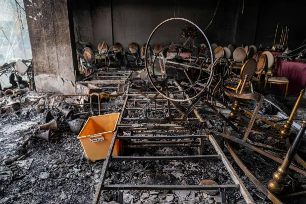 A general view of a wedding reception hall that was damaged by fire in Kinshasa on September 5, 2026. (AFP)