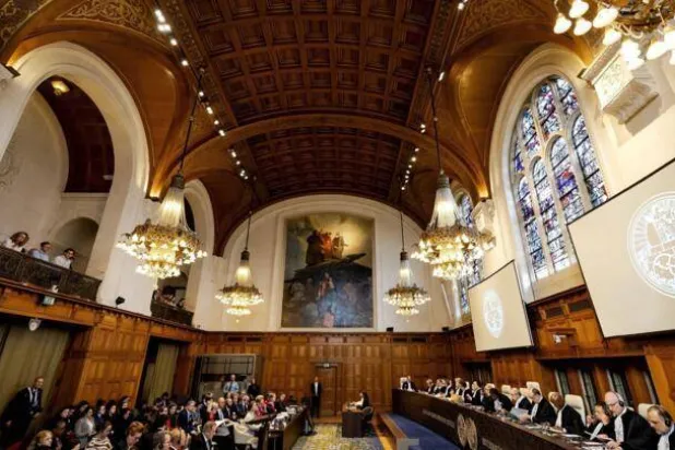 An overview of the court during a hearing at the International Court of Justice (ICJ) filed by Nicaragua against Germany over the financial and military aid that the European country provides to Israel and the lifting of subsidies to the aid organization UNRWA, in the Hague on April 8, 2024.  Robin Van Lonkhuijsen, AFP
