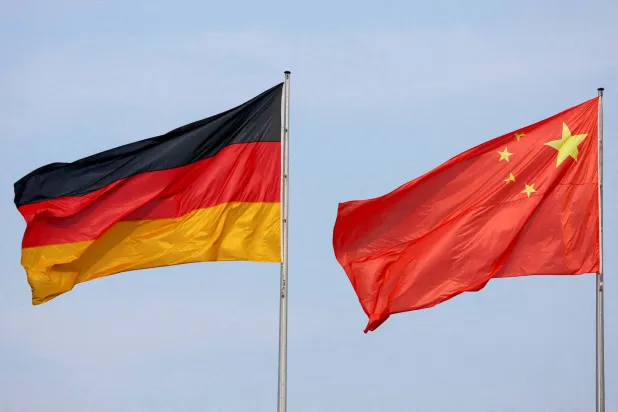 The flags of Germany and China are seen in Berlin, Germany, June 19, 2023. (Reuters)