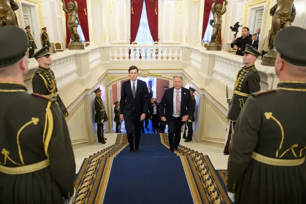 In this handout photograph taken and released by the Ukrainian Presidential Press Service on September 6, 2026, US Special Envoy Steve Witkoff (R) and US President Donald Trump's son-in-law Jared Kushner (L) arrive for talks with Ukrainian president in Kyiv, amid the Russian invasion of Ukraine. (Handout / Ukrainian Presidential Press Service /AFP)