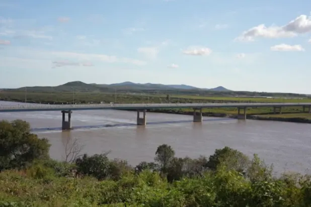 The first road bridge between Russia and North Korea across the Tumen River, locally known as Tumannaya, on the border with North Korea in the Primorsky region, Russia, in this still image from a video released September 7, 2026. Russian Government/Handout via REUTERS 