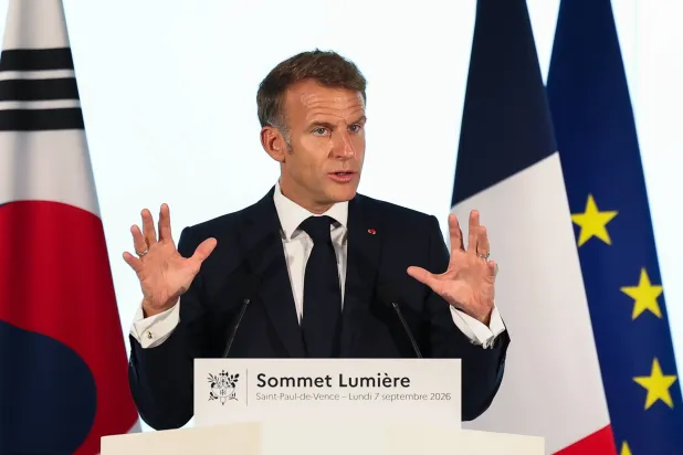 France's President Emmanuel Macron addresses the audience during the opening plenary session of the "Lumière Summit" meeting on the future of cinema and the moving-image industry at the Maeght Foundation in Saint-Paul-de-Vence, southeastern France, Monday, Sept. 7, 2026. (Valery Hache/Pool Photo via AP)