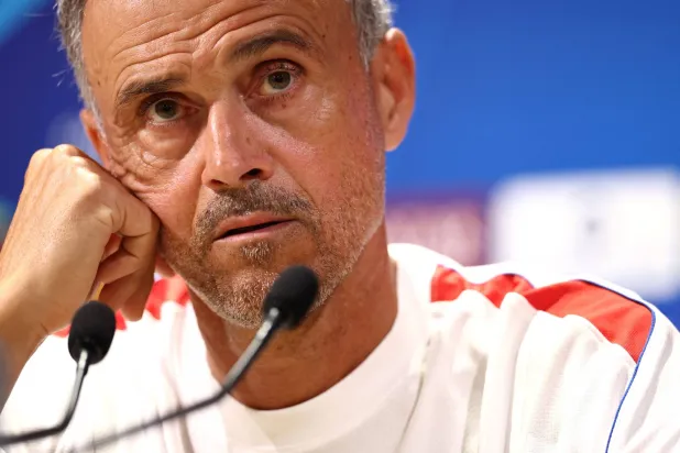 PSG's Spanish headcoach Luis Enrique holds a press conference at the Paris Saint-Germain's campus in Poissy, west of Paris on September 8, 2026 on the eve of their UEFA Champions League first round football match against Slovan Bratislava. (AFP)