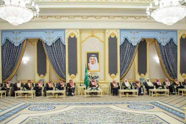 Prince Mohammed bin Salman bin Abdulaziz Al Saud, Crown Prince and Prime Minister, receives princes, scholars, ministers, and citizens at the Al-Salam Palace in Jeddah. (SPA)