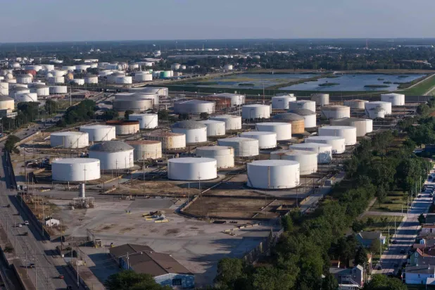 An aerial view shows storage tanks at the sprawling BP refinery on September 08, 2026 in Whiting, Indiana. (Getty Images/AFP)