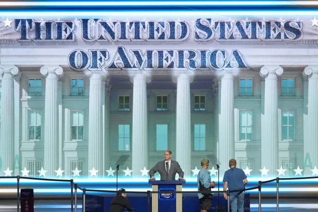  US Treasury Secretary Scott Bessent stands at the podium for a rehearsal before the Republican convention Tuesday, Sept. 8, 2026, in Dallas. (AP) 