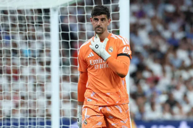 Real Madrid's Belgian goalkeeper #01 Thibaut Courtois gestures after recovering from an injury during the UEFA Champions League first round day 1 football match between Real Madrid and Inter Milan at the Santiago Bernabeu stadium in Madrid on September 8, 2026. (AFP)
