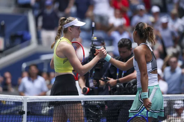 Elena Rybakina of Kazakhstan (L) shakes hands with Qinwen Zheng of China after winning their Women's Singles Quarterfinals match of the US Open Tennis Championships in Flushing Meadows, New York, USA, 09 September 2026. EPA/SARAH YENESEL
