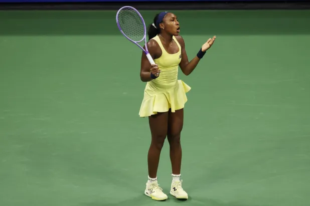 Coco Gauff of the USA reacts while in action against Elena Rybakina of Kazakhstan during their Women's Singles Semifinals match of the US Open Tennis Championships at the USTA Billie Jean King National Tennis Center in Flushing Meadows, New York, USA, 10 September 2026.  EPA/BRIAN HIRSCHFELD