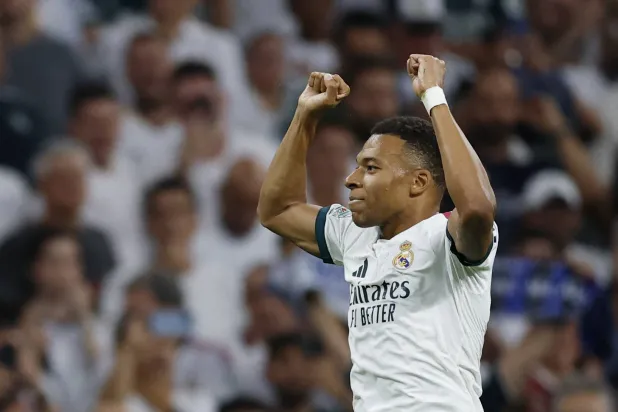 Football - UEFA Champions League - Real Madrid v Inter Milan - Estadio Bernabeu, Madrid, Spain - September 8, 2026 Real Madrid's Kylian Mbappe celebrates scoring their first goal. (Reuters)
