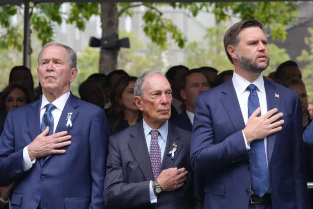  (L/R) Former US President George W. Bush, former New York City Mayor Michael Bloomberg and US Vice President JD Vance attend the 25th anniversary commemoration of the September 11, 2001 attacks at the National September 11 Memorial in New York on September 11, 2026. (AFP)