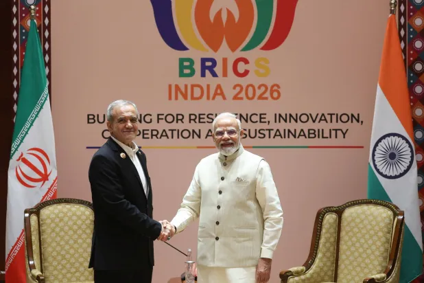 Iranian President Masoud Pezeshkian meets India’s Prime Minister Narendra Modi during their bilateral meeting ahead of BRICS Summit in New Delhi, India, September 11, 2026. (India's Press Information Bureau/Handout via Reuters)
