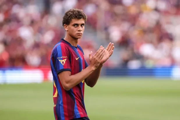 Hamza Abdelkarim of FC Barcelona salutes fans during presentation the Joan Gamper Trophy, football match played between FC Barcelona and Al-Ahly FC at Spotify Camp Nou stadium on August 19, 2026, in Barcelona, Spain. (Europa Press via Getty Images) 