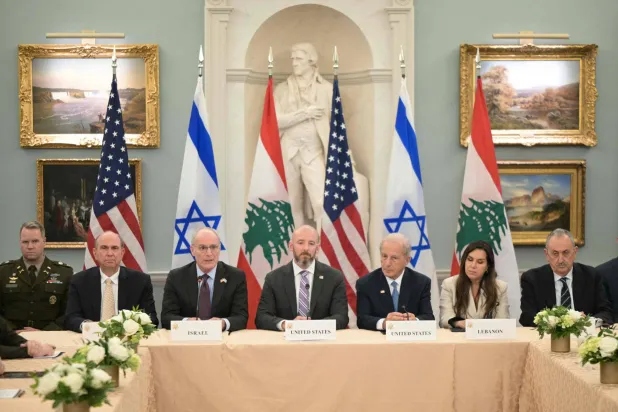 (2L/R) Israel's Ambassador to the US Yechiel Leiter, State Department Chief of Staff Daniel Holler, US Ambassador to Lebanon Michel Issa and Lebanese Ambassador to the US Nada Hamadeh attend a meeting between Israeli and Lebanese delegations hosted by the United States at the State Department in Washington, DC, on June 3, 2026. (Photo by Oliver Contreras / AFP)