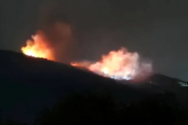 Fire and smoke rise near an ammunition warehouse, near the village of Tsareva Livada, Bulgaria, September 12, 2026. Stringer/via REUTERS 