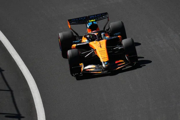 McLaren driver Lando Norris of Britain steers his car during the qualifying session ahead of the Spanish Formula One Grand Prix in Madrid, Saturday, Sept. 12, 2026. (AP Photo/Manu Fernandez)