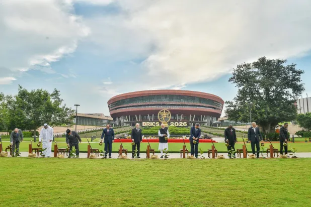 A handout photo made available by India’s Ministry of External Foreign Affairs shows BRICS leaders planting trees during the 18th BRICS Leaders' Summit in New Delhi, India, 12 September 2026. EPA/INDIAN MINISTRY OF EXTERNAL FOREIGN AFFAIRS/HANDOUT