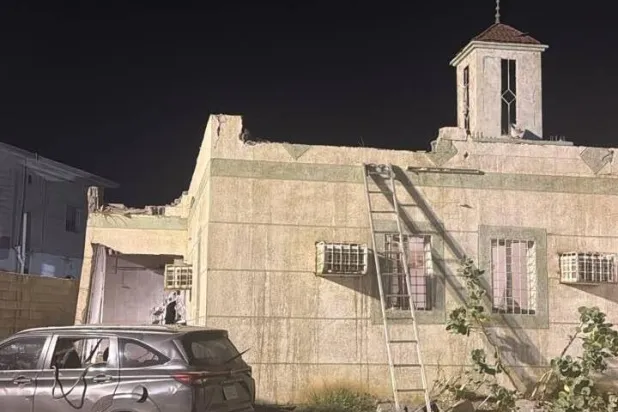 A mosque in Al-Tuwal, Jazan, was damaged in the attack. (Asharq Al-Awsat)