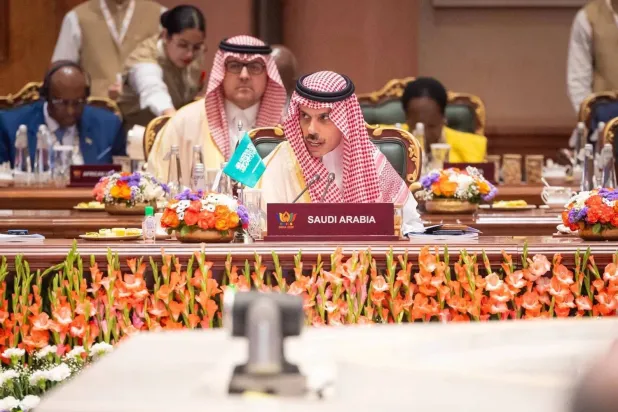 Minister of Foreign Affairs Prince Faisal bin Farhan bin Abdullah speaks at the BRICS Summit in New Delhi on Sunday. (SPA)