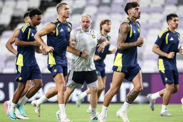 Al-Nassr FC's Portuguese forward #07 Cristiano Ronaldo (3rd L) attends a training session on the eve of the AFC Champions League Elite (ACL) match between Al-Ain FC and Saudi's Al-Nassr FC, at the Azza Bin Zayed stadium in al-Ain on September 14, 2026. (AFP) 