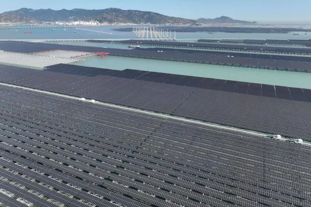 This picture shows the construction site of the CNNC Tianwan Tidal Flat Photovoltaic Demonstration Project in Lianyungang, in eastern China's Jiangsu province on September 15, 2026. (CN-STR / AFP) 
