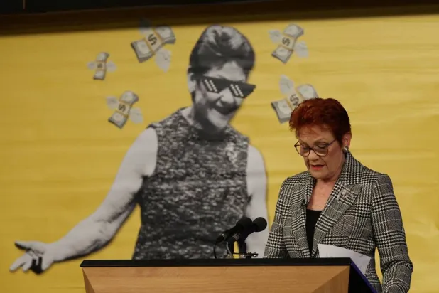 Australian Senator and One Nation leader Pauline Hanson reacts as a banner appeared during her address to the National Press Club in Canberra, Australia, June 17, 2026. (Reuters)