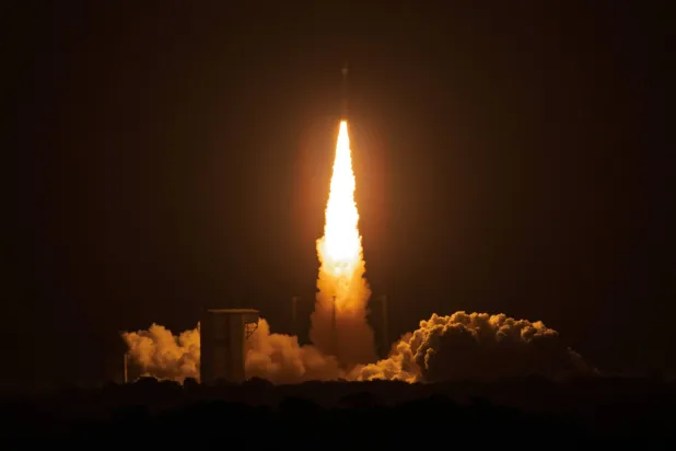 A Vega-C rocket carrying European satellites FLEX and Sentinel-3C lifts off from the Guiana Space Center in Kourou, French Guiana, on September 15, 2026. (AFP)