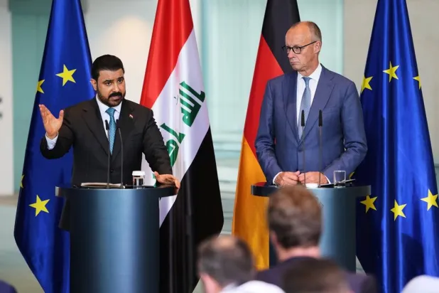  German Chancellor Friedrich Merz, right, and Iraqi Prime Minister Ali al-Zaidi attend a press conference in Berlin, Germany, Tuesday, Sept. 15, 2026. (AP) 